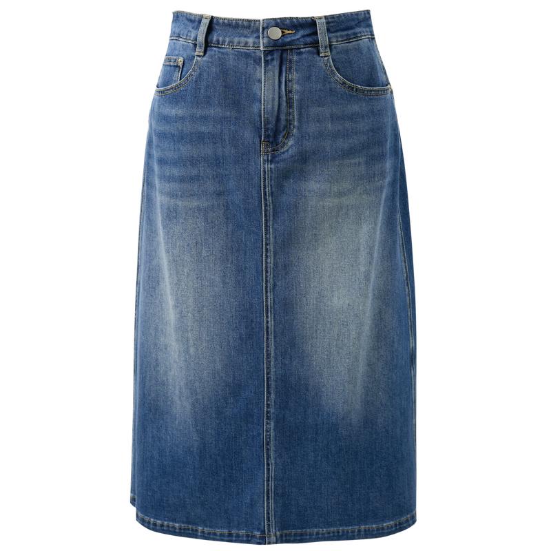 Dámská midi džínová sukně rovného střihu s rozparkem, nadměrná velikost