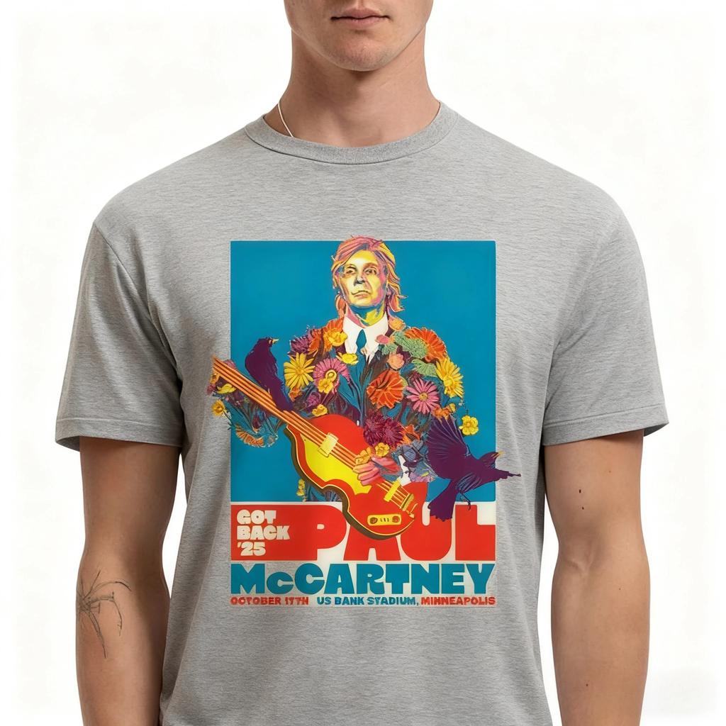 Paul McCartney Minneapolis 2026 Concert TShirt Psychedelic Floral Bird Graphic Casual Tee for Rock Music Lovers Trendy Outfits