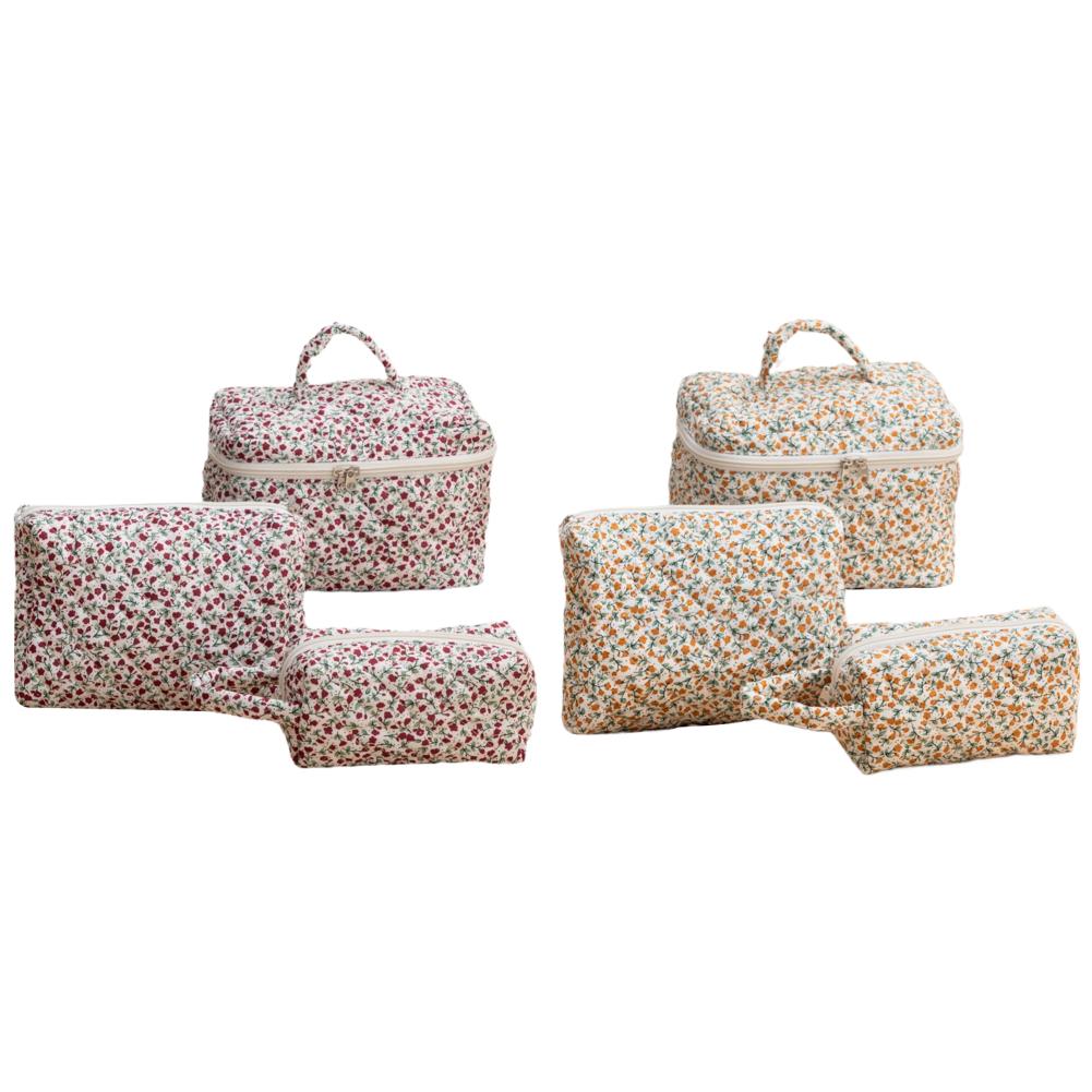

#L 3Pcs Floral Makeup Bag Cotton Quilted Cosmetic Bag Toiletry Bag for Women (Re