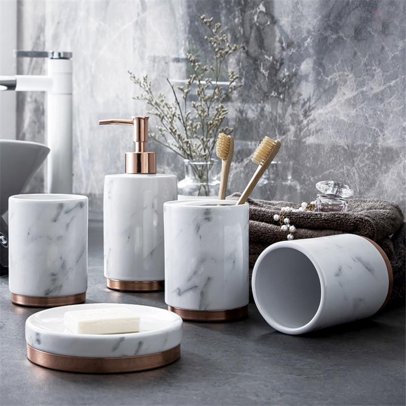 Bathroom Accessories Set Ceramic Tooth Brush HolderSoap Dish Soap Dispenser Gargle Cup European Style Bathroom Set Wedding Gift