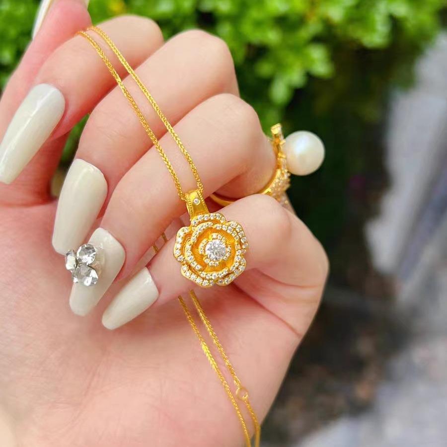 Elegant Vietnamese Sand Gold Enamel Rose Flower Pendant Necklace