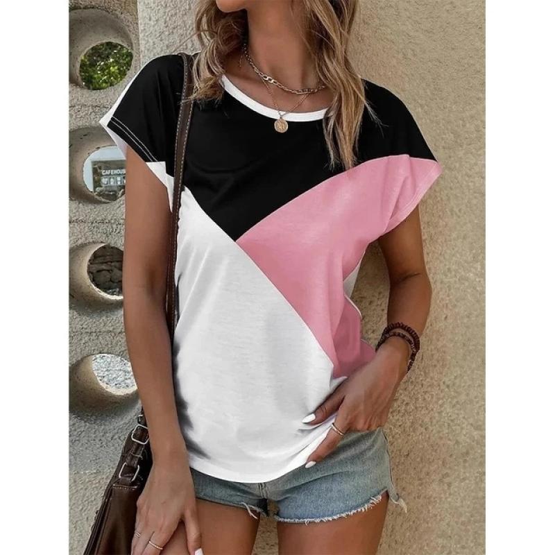 Тонкая женская базовая футболка из полиэстера с цветными блоками с 3D принтом Y2k — фото 7