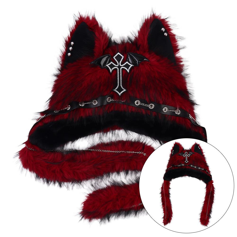 Gothic Dark Style Plush Cat Ear Hat, Punk Rock Warm Winter Hat, Trendy Thermal Headwear for Women