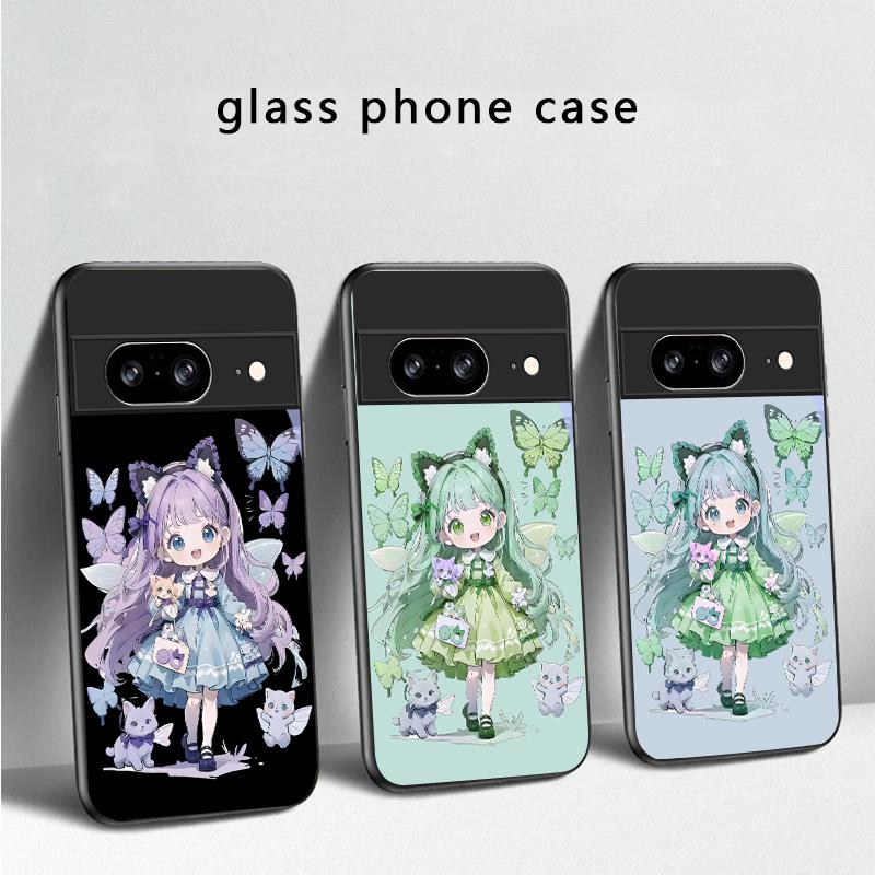 Q-version Blue Butterfly For Google Pixel 8 7 9 10 Pixel 10 Pro XL Pixel 9 Pro XL Pixel 8a 7a Pixel 7 Pro Black Glass Phone Case