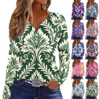 Camiseta de mujer con botones, manga larga, para uso diario, fin de semana, moda básica, cuello en V, estampado retro, parte superior regular