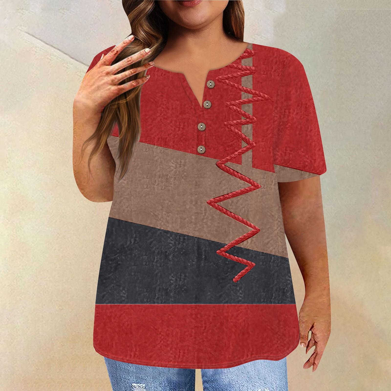 

Модная рубашка с коротким рукавом с круглым вырезом, футболка больших размеров, повседневные топы с геометрическим принтом и принтом для женщин XXXL красный