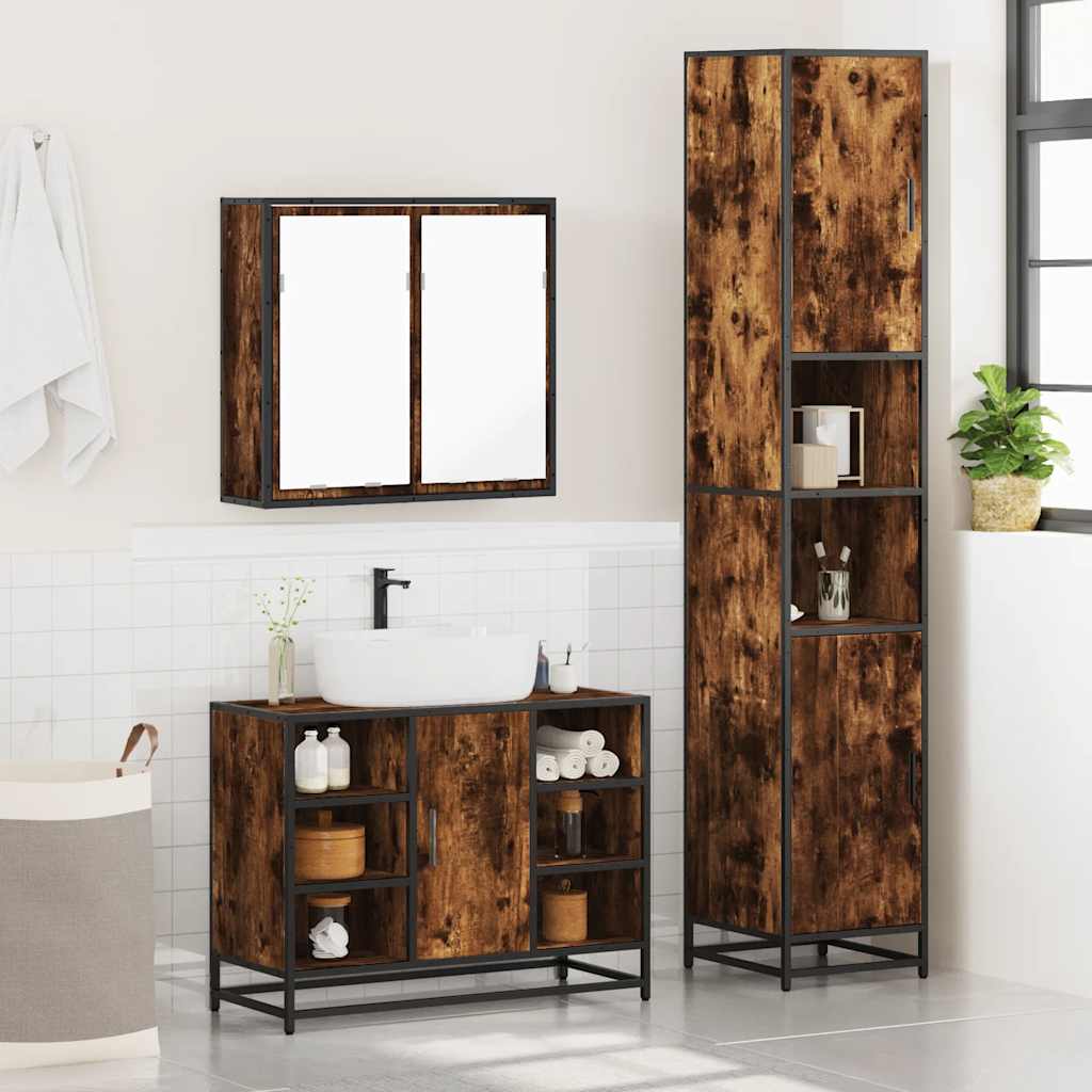 3 Piece Bathroom Furniture Set Smoked Oak Wood Based Material