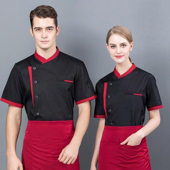 Chef Uniform Unisex Short Sleeves Breathable Comfortable Stand Collar Patch Pocket Jacket Restaurant Kitchen Baker Cook Uniform Shirt Culinary Work