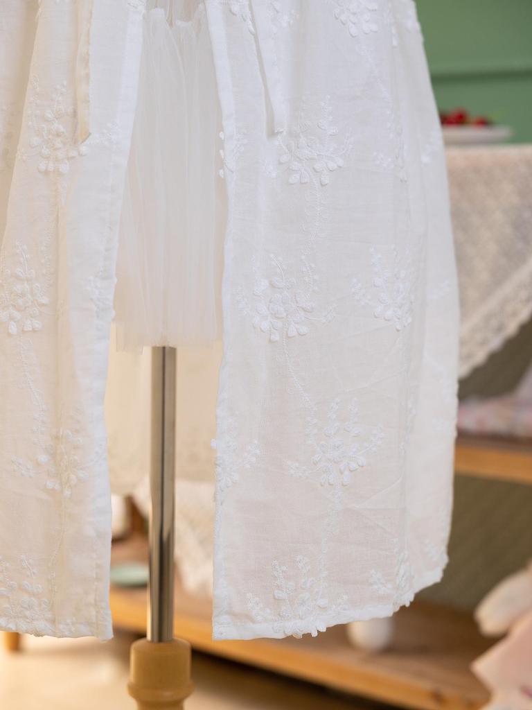 French-Style Luxury Cotton Embroidered White Apron Dress