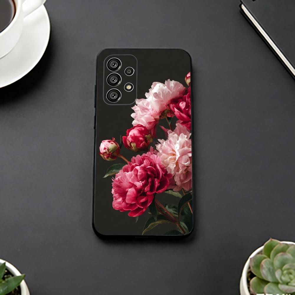 Elegant Peony F-Flower Phone Case Black Silicone Soft For Samsung S25,S24,S21,S22,S23,S30,Ultra,S20,Plus,Fe,Lite
