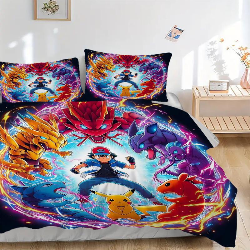 3pcs Ash and His Legendary Partners Pokémon Adventure Bedding Set - Includes 1 Quilt Cover and 2 Pillowcases, Comfortable Bedding with Stylish De