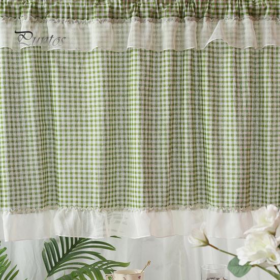 Pastoral Kitchen Curtain Plaid Short Curtain, Rod Through Top Design, Blocks Oil Smoke And Dust Simple Color Rustic for Half Windows Cabinet
