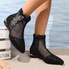Luxury Glitter Flower Breathable Mesh Boots Women 2025 Summer Sexy Pointed Toe Low Heel Ankle Boots Side Zip Black Booties