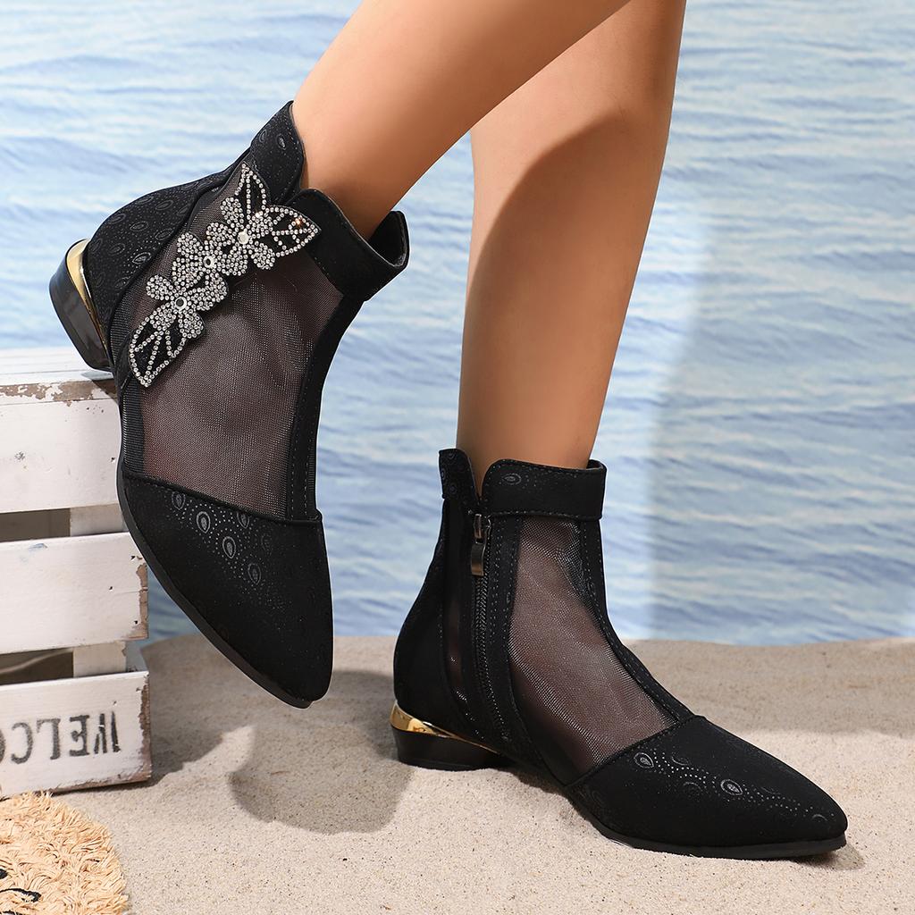 Luxury Glitter Flower Breathable Mesh Boots Women 2025 Summer Sexy Pointed Toe Low Heel Ankle Boots Side Zip Black Booties