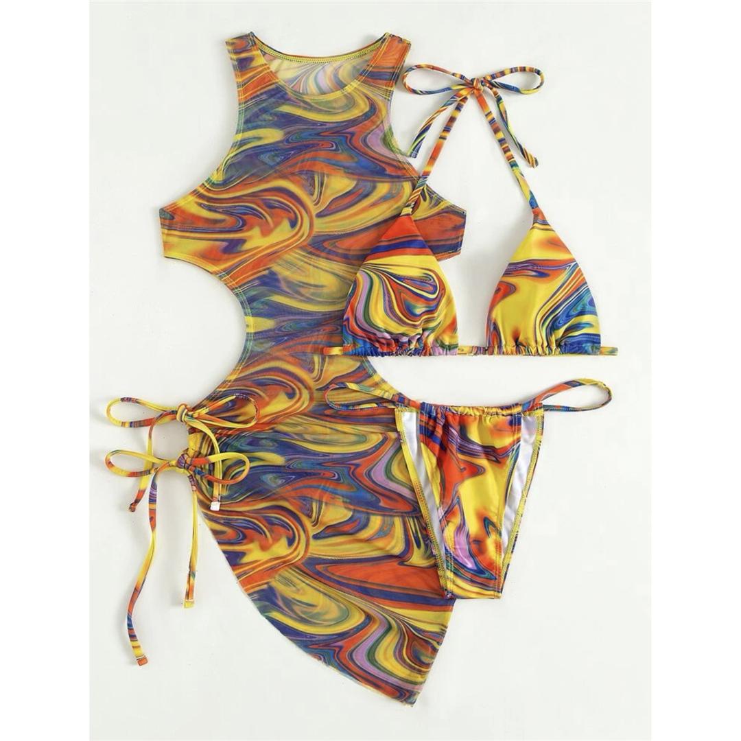 

Сексуальное платье с цветным бретелем, бикини, женские купальники, женский купальник, комплект из трех частей, купальный костюм для плавания L жёлтый