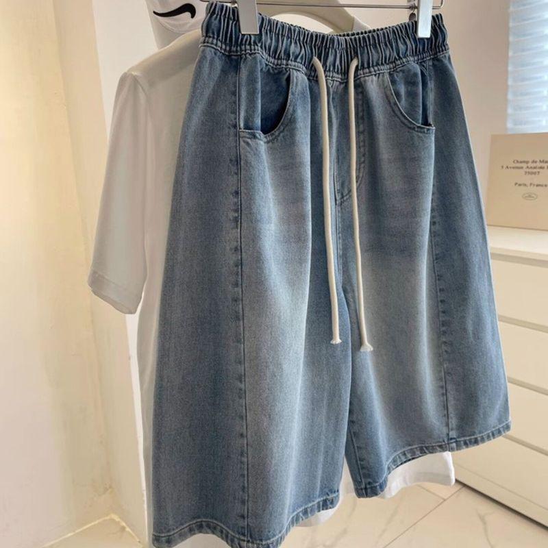 

New Arrival Washed Light Blue Korean Style Half Length Denim Shorts Women s Plus Size Summer Elastic High Waist Slimming Wide Leg Leisure Middle Pants Nostalgic Blue Light Color 4XL