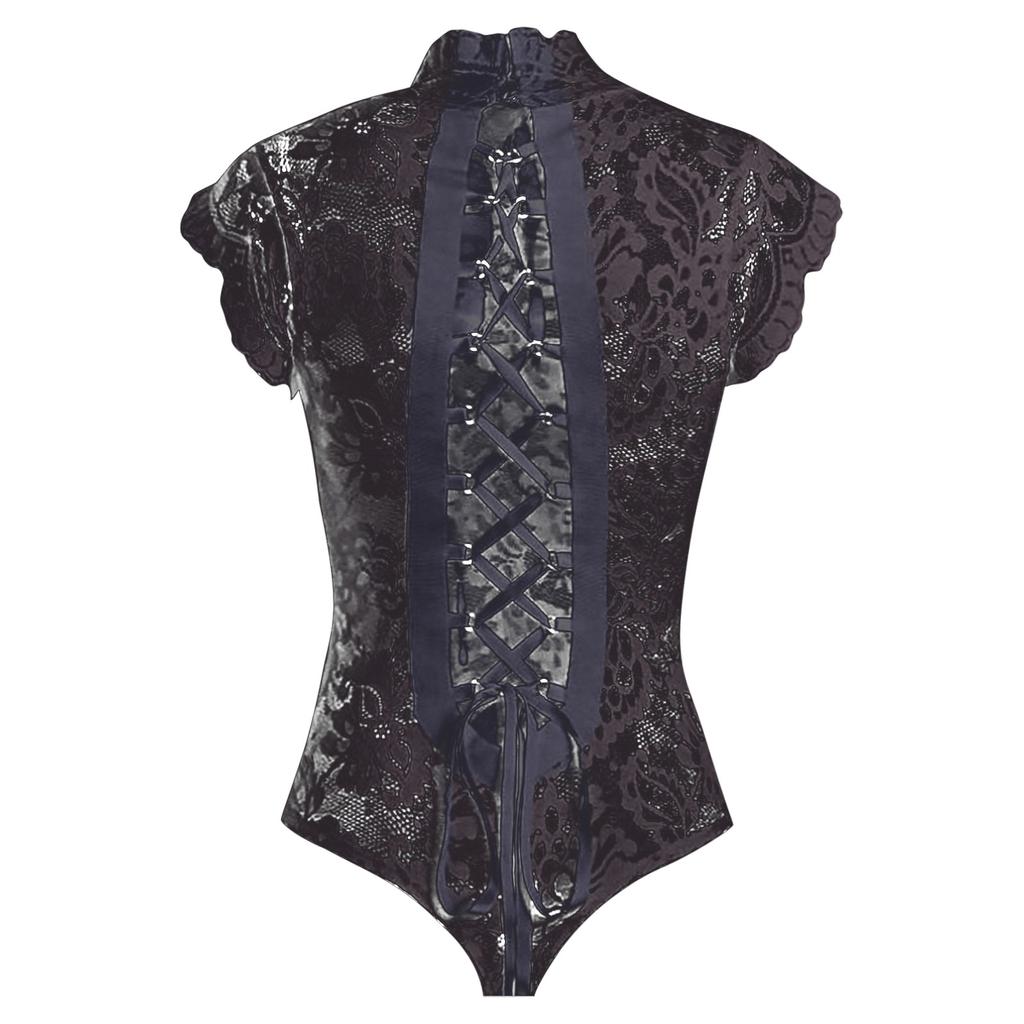 Women Fashion Lace Bodysuit With Super Sexy Cross On The Back High Neck Thong Briefs