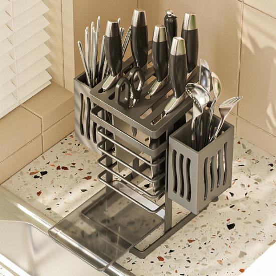 Kitchen Tabletop Storage Rack Knife Holder Large Capacity Multipurpose Waterproof Hollow Storage Rack Kitchen Utensil Organizer