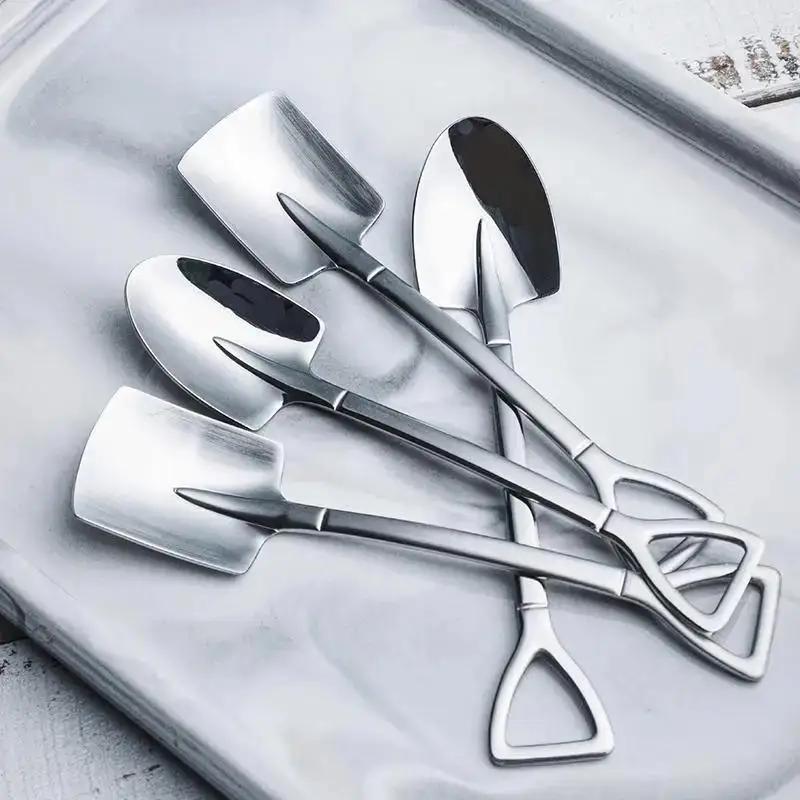 Stainless Steel Iron Shovel Spoon Coffee Ice Cream Spoon Engineering Shovel Retro Cute Square Head Spoon Kitchen Gadget
