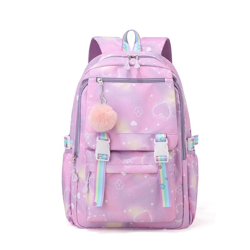 Kawaii Farbverlauf Sternenmuster Rucksack für Mädchen Schultasche mit Plüsch-Bommel Teenager Schüler Lässiger Tagesrucksack Reise Rucksack