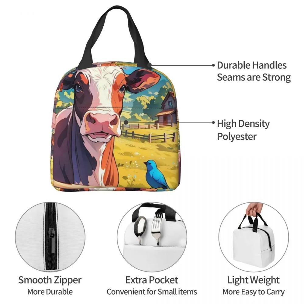 Cute Cow Fence Flower Pattern Insulated Lunch Bag for Kids School Cooler Thermal Food Box Tote Portable Lunch Boxes Container