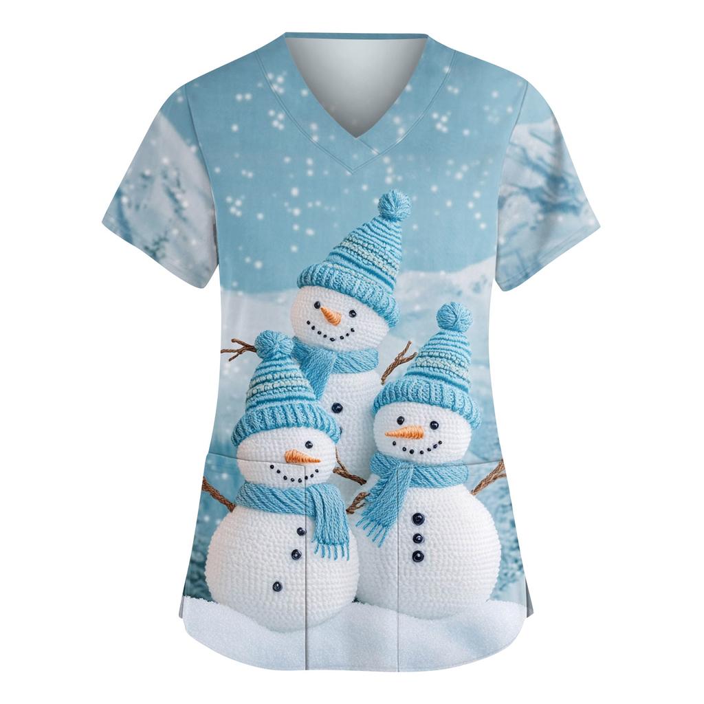 Women's Fashionable V-neck Workwear Christmas Printed Short Sleeved Pocket Side Slit Workwear Basic Pullover Top