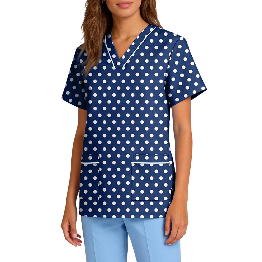 Women's Stretch Quick-Dry V-Neck Short Sleeve Workwear Top with Polka Dot Print & Pockets