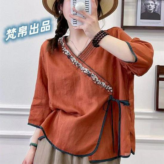 2023 Ethnic Retro Chinese Embroidered Ramie Shirt—Women's Loose Oblique Collar Top for Tea Ceremony