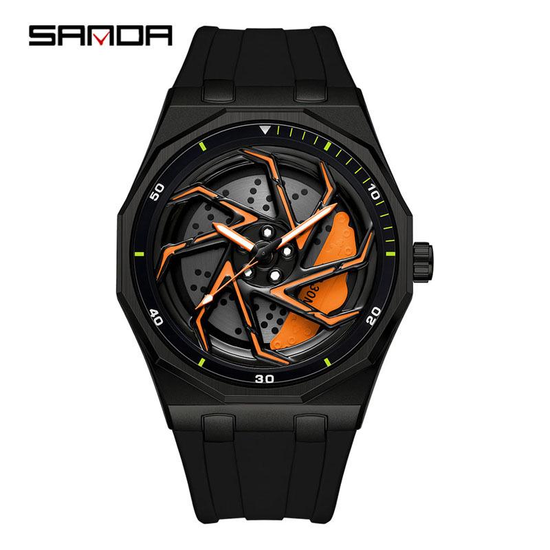 Sanda Men's Waterproof Alloy Car Wheel Design Silicone Wristwatch