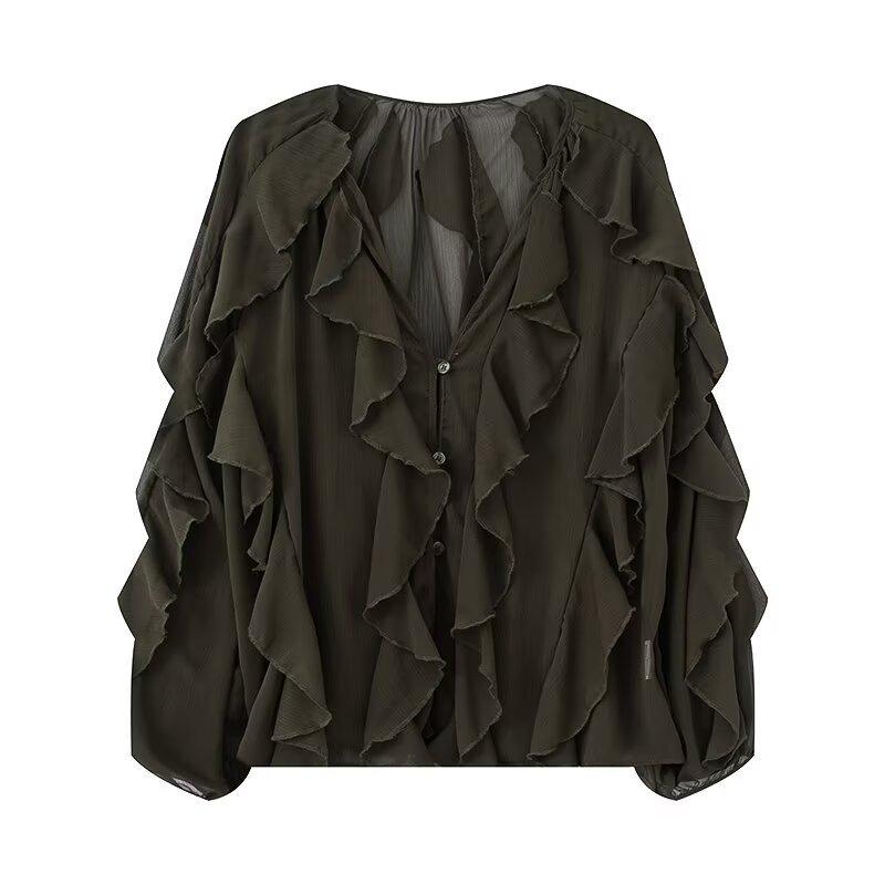 Summer 2026 European & American V-Neck Layered Ruffled Pleated Women's Shirt