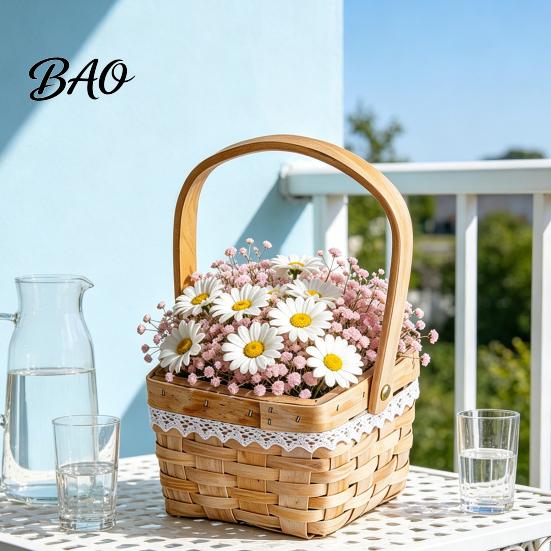Hand-woven Flower Basket Basket, with Lace Decor, Hand-Woven Wicker Rattan Rustic Wood Portable Floral Gift Handmade
