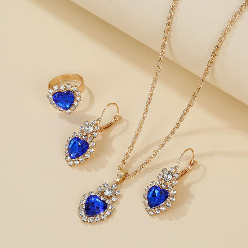 Necklace Earring Ring Three Piece Set Women's Water Droplet Heart-shaped Rhinestone Sets Fashionable Bridal Accessory