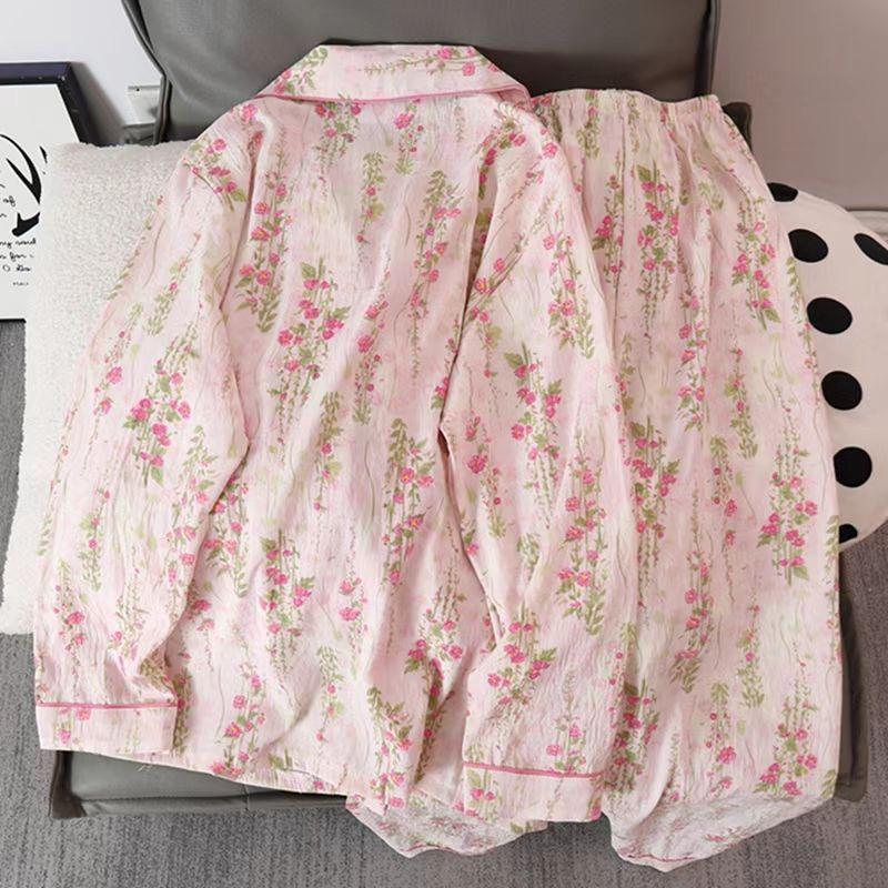 Damski komplet piżamy ze 100% bawełny Cloud Cotton: Top z długim rękawem i spodnie, dziewczęcy styl, odzież domowa na wiosnę i jesień.