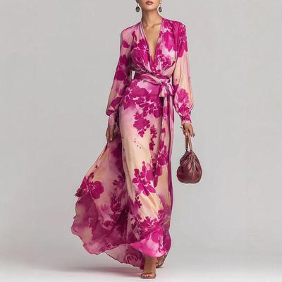 Vestido Elegante de Chifón Estampado Estilo Europeo y Americano con Cuello en V, Lazos y Mangas Largas - Primavera 2026