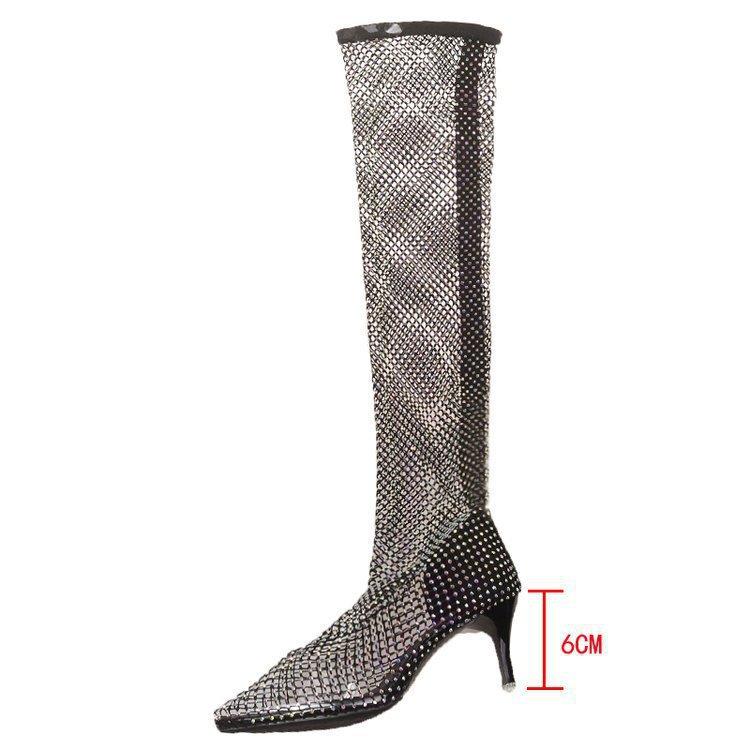 Fashion Women's Knee Length Pointed High Heel Cool Boots Hollow Long Boot Women's Water Diamond Sexy Fashion Mesh Sandal Sandalias Muje