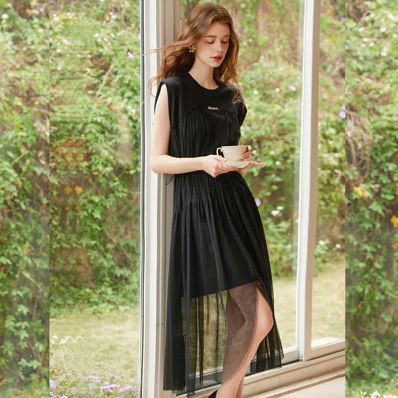 Bai Luyu Sleeveless Mesh Spliced A-line Maxi Dress L