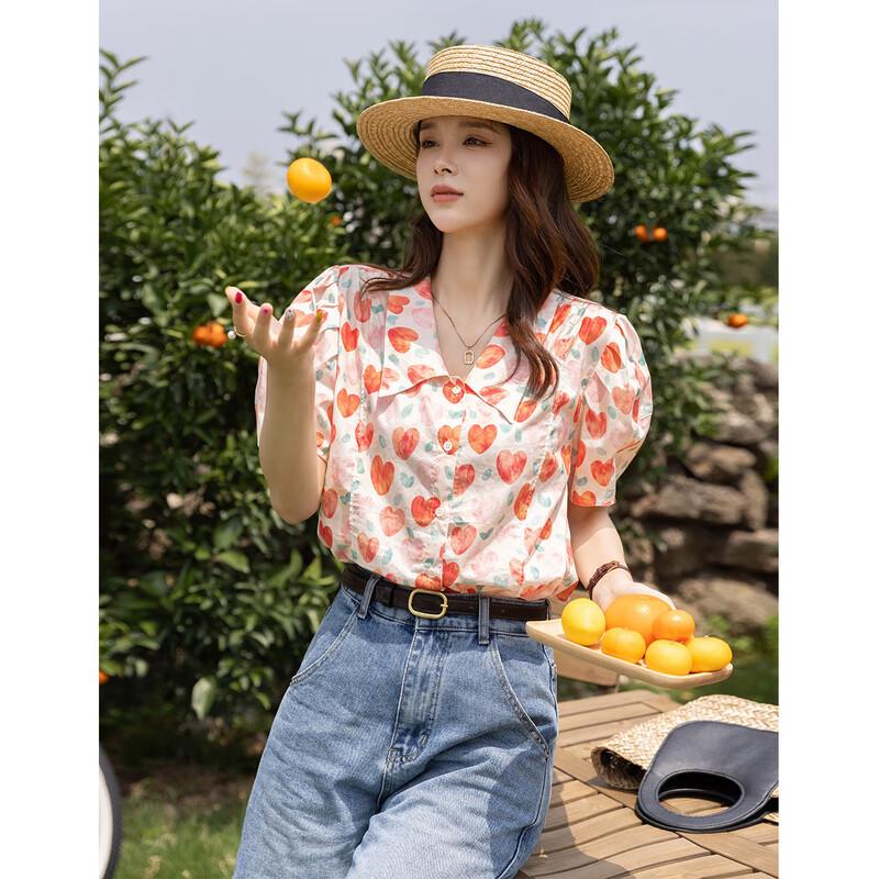 Women s Sweet Heart Print Puff Sleeve Shirt L
