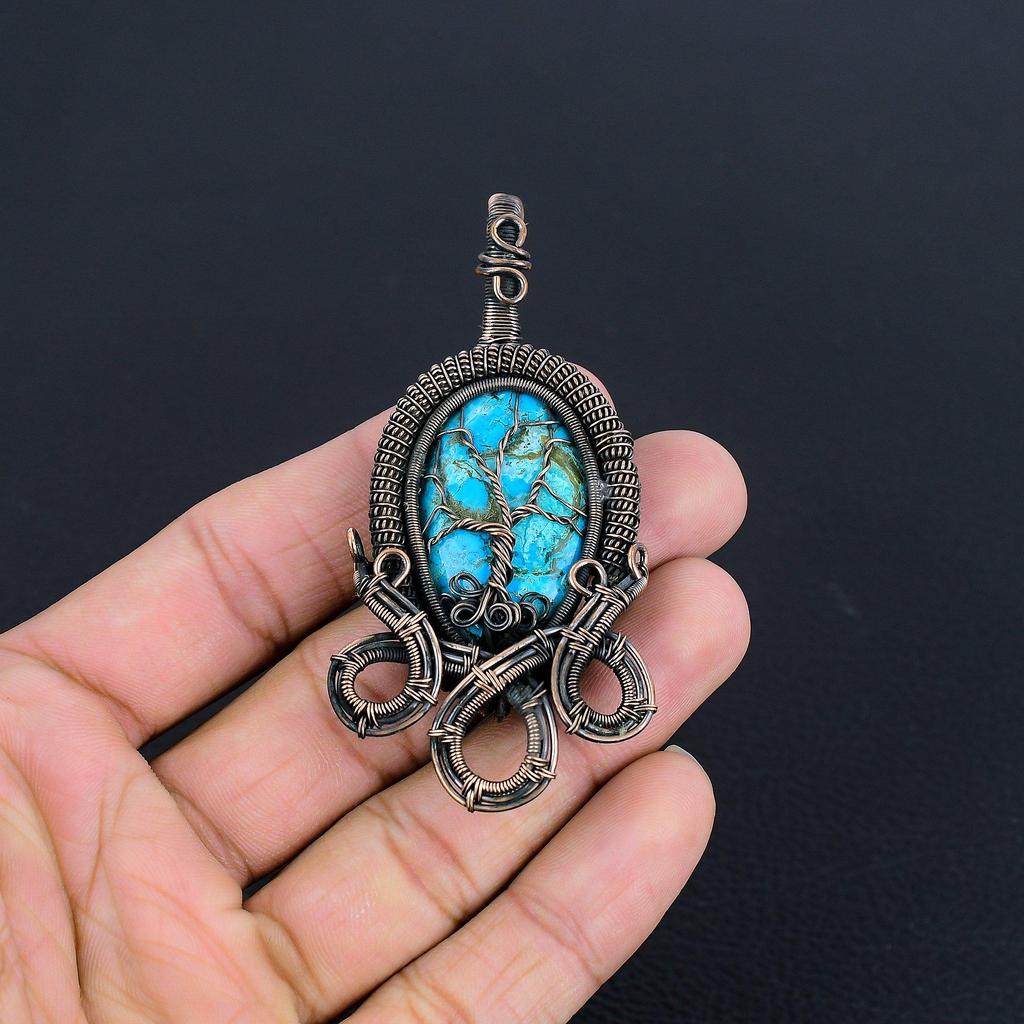 Wisiorek z turkusu tybetańskiego, biżuteria z kamieni szlachetnych owinięta drutem miedzianym próby 999, ręcznie robiony wisiorek, na Święto Dziękczynienia