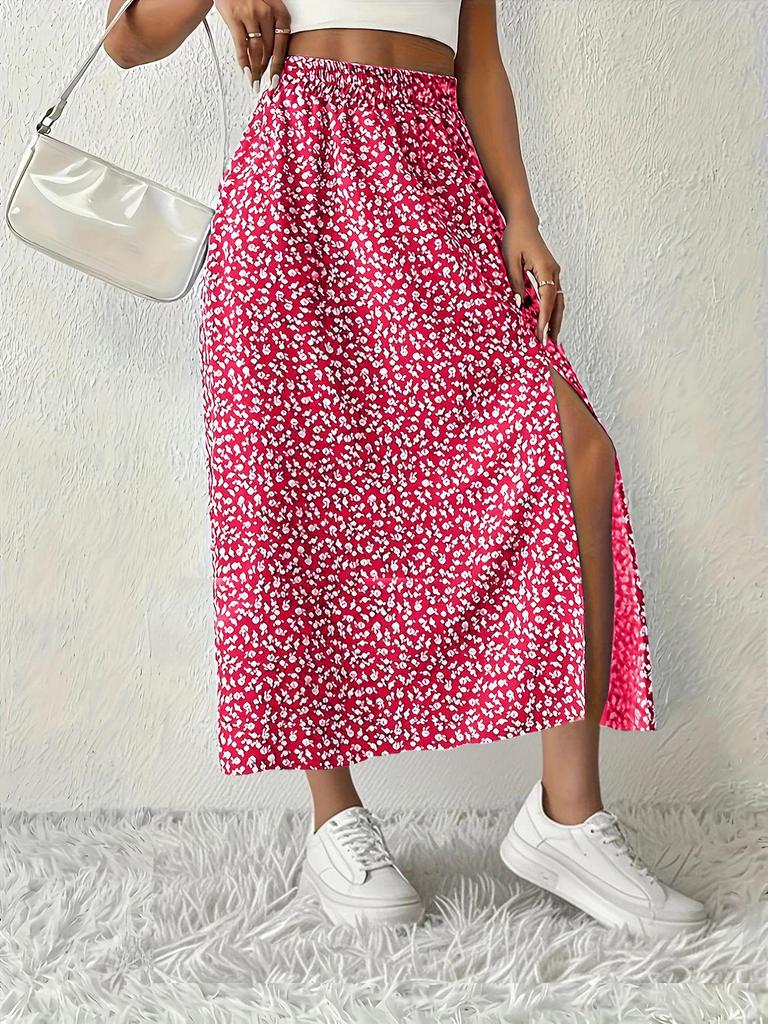 Women's Vintage High Waist Printed Long Skirt with Side Slit - Spring/Summer