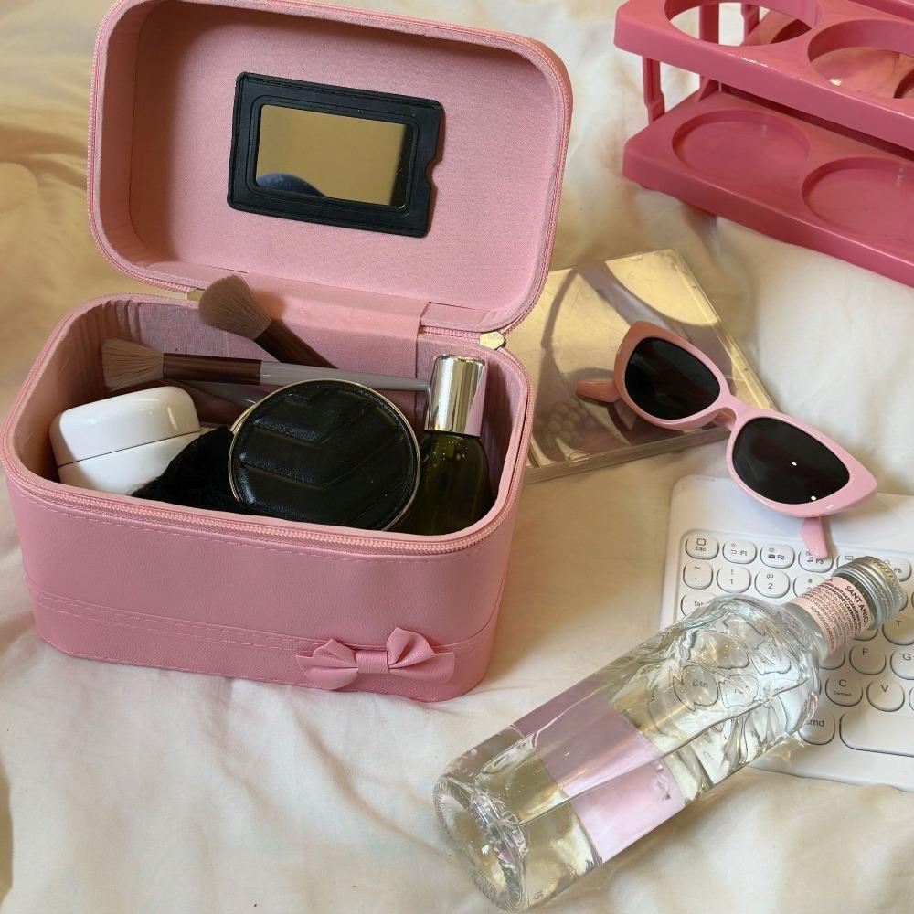 Pink Bow PU Leather Makeup Bag Portable Handheld Makeup Case Skincare Product Storage Box Trips