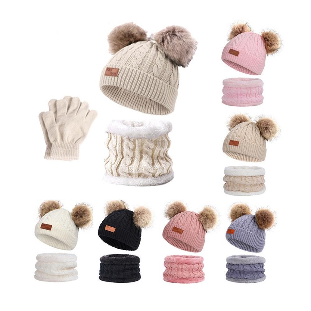 3pcs Outdoor Warm Baby Hat Scarf Gloves Set Windproof Pompom Knitted Hats New Toddler Bonnet  Winter