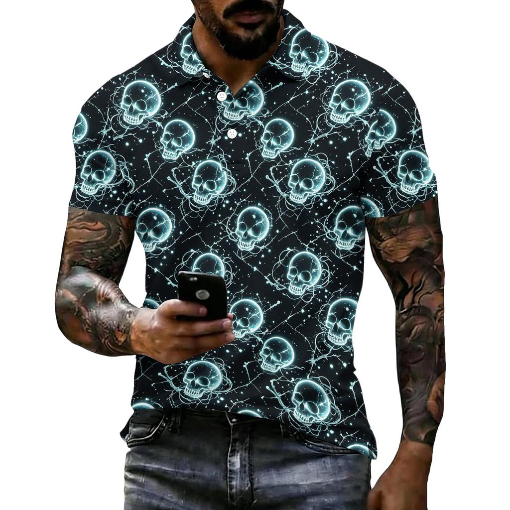 Unisex Loose Fit Casual Short Sleeve Polo Shirt with Halloween Skull and Print for Everyday Wear and Themed Events