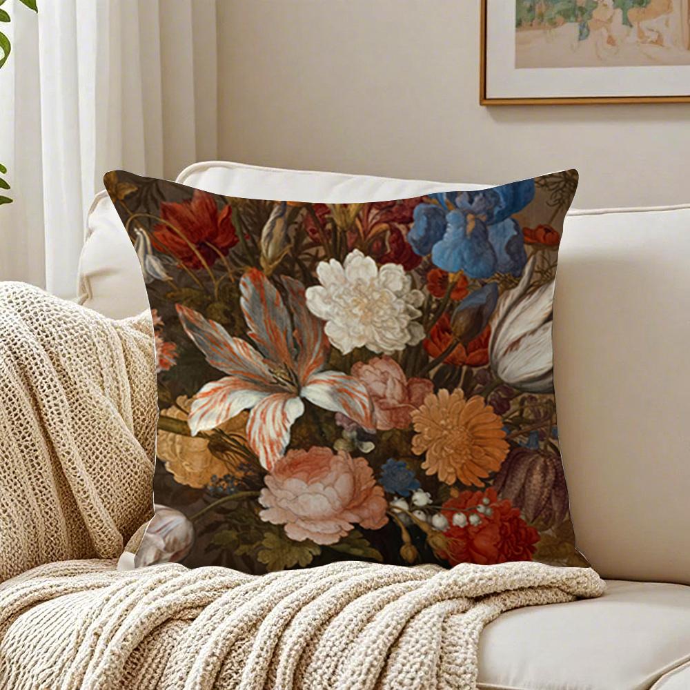 Fashion Casual Beautiful Oil Painting Flowers Cushion Cover Linen Pillowcase Soft For Sofa Bed Home Room Decor