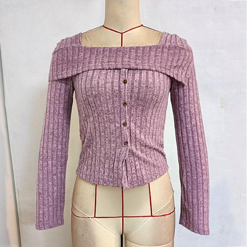 Spring Women's Square Neck Long Sleeve Solid Color Knit Single Breasted Blouse