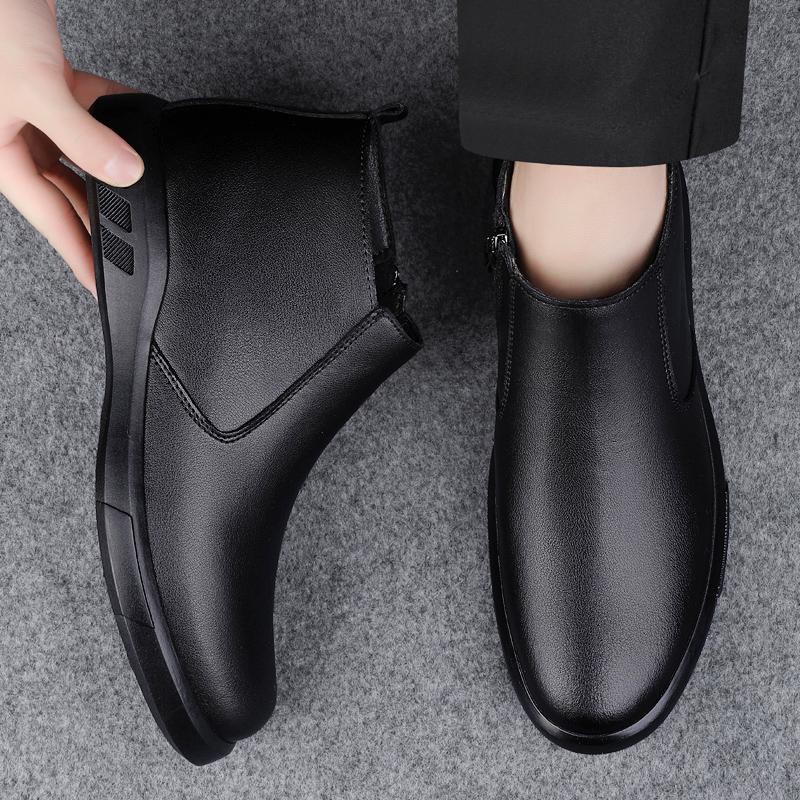 Fashion Genuine Leather Mens Chelsea Boots Comfortable Ankle Boots Fashion Winter Plush Snow Botas Outdoor High Top Shoes Business Boots