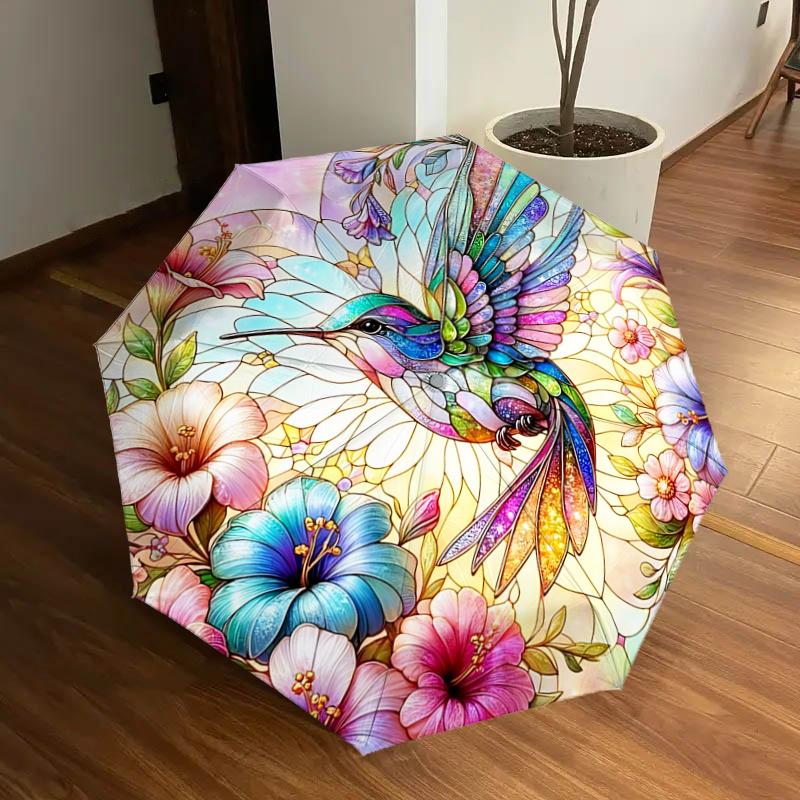 

Stained Hummingbird & Flowers Auto Open Close Umbrella, Portable Folding Design with 8-Bone Iron Frame, Gift for Fans, Travelers, Daily Use,