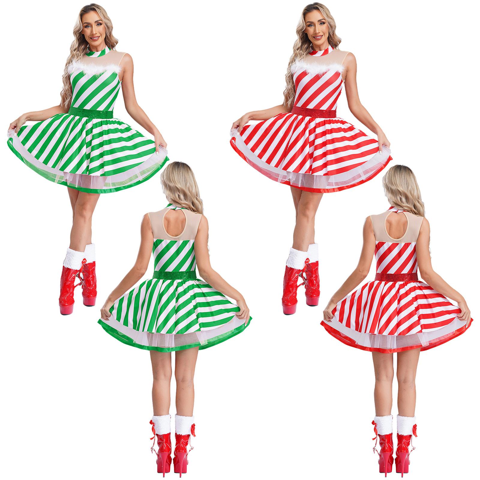 

Жіноча різдвяна вечірка, сукня з цукеркової тростини, без рукавів, паєтки, смугасте купальник-пачка для фігурного катання, танцювальна сукня, різдвяний косплей-костюм S червоний