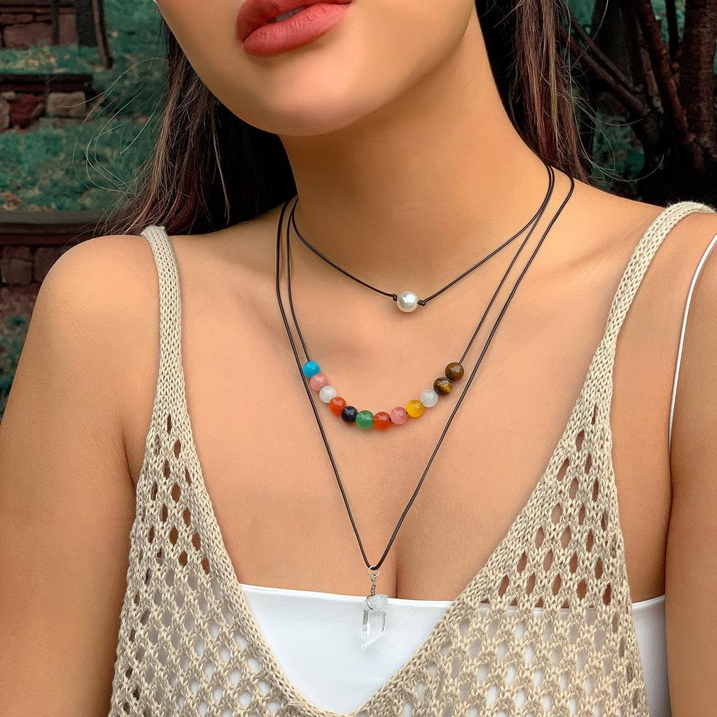 Ethnic Style Colored Beaded Long Sweater Chain, Niche Imitation Crystal Stacked With Star And Moon Necklace