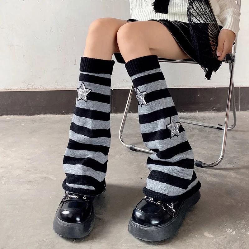 Y2K Lolita Leg Warmers Harajuku Women Winter Red Heart Print Cross Gothic Skull Halloween Skeleton Spider Web Knitted Leg Covers