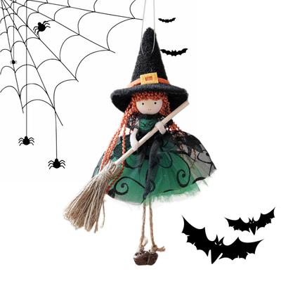 Décoration d'Halloween Balai en Maille Pendentif Ange Fille Sorcière Suspendable Ornement Poupée Sorcière Décoration Figurine de Collection Effrayante
